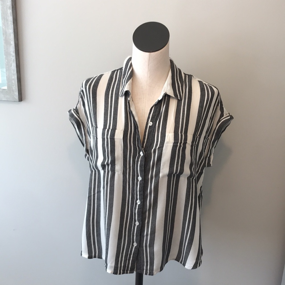 Lucky Brand Black and White Striped Tie Blouse